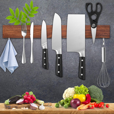 Image of Magnetic Knife Holder for Wall—With 2 Hooks, No Drilling 16 Inch Walnut Wood Knife Magnetic Strip, Extra Strong Magnet Knife Rack, Include Adhesive Tape and Screws for Kitchen