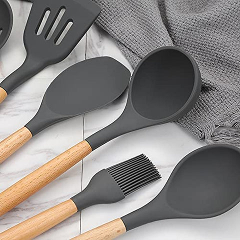 Image of Silicone Cooking Utensils Kitchen Utensil Set, 12 PCS Wooden Handle Nontoxic BPA Free Silicone Spoon Spatula Turner Tongs Kitchen Gadgets Utensil Set for Nonstick Cookware with Holder