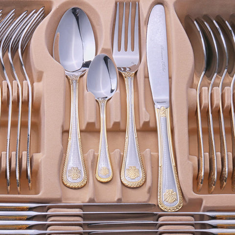 Image of Royal Family Collection 72 Piece Fine Flatware Silverware Set with Gift Carrying Case, Elegant Design, Serves Parties 12 People, Perfect Housewarming Graduation for Loved Ones, Gold