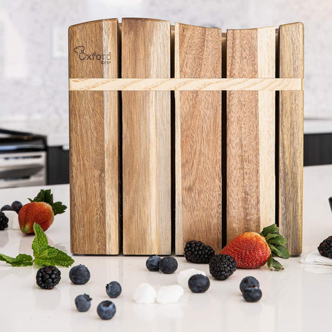 Image of Wooden Kitchen Knife Block - Luxury Hand-Crafted Acacia Wood 8 Slot Storage Block. Can Hold 8 Knives up to 9" Long. Non-Skid, Non-Scratch Rubber Feet