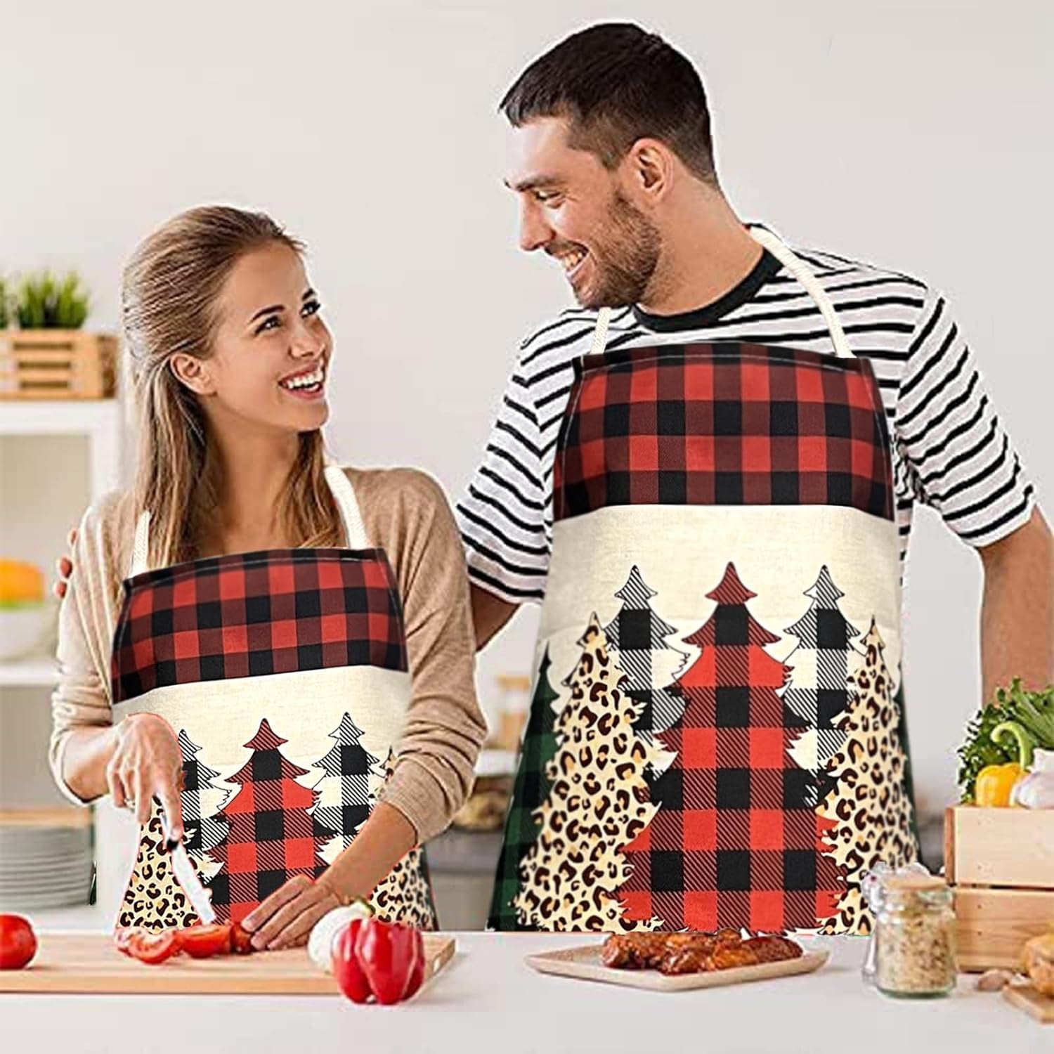 Christmas Aprons for Women Men Red Holiday Kitchen Cooking Apron Adults Buffalo Plaid Apron for Grilling Baking Gardening