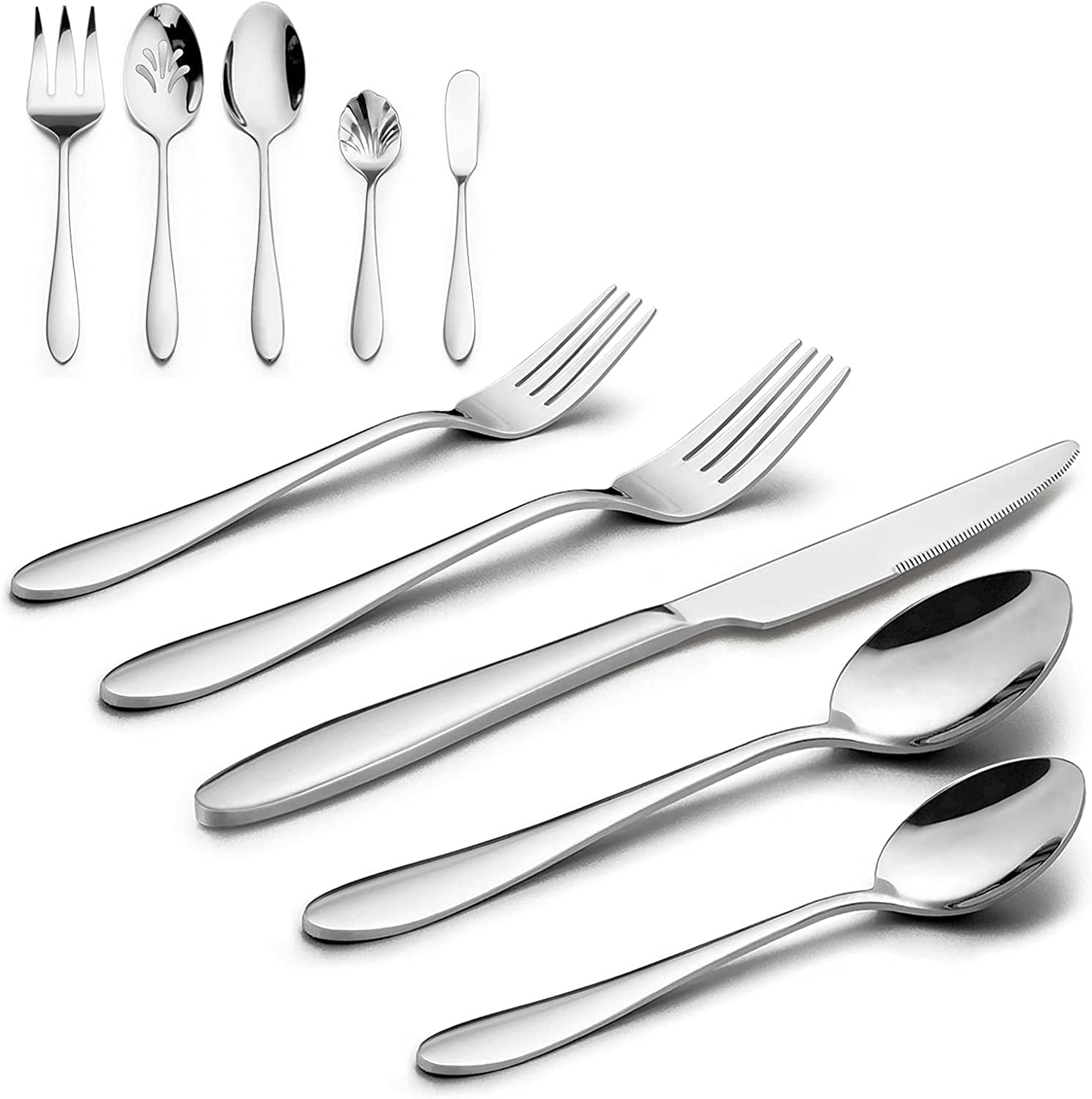 65-Piece Silverware Set with Serving Utensils,  Stainless Steel Flatware Cutlery Set for 12, Fancy Tableware Eating Utensils for Home Kitchen Restaurant Hotel, Mirror Polished, Dishwasher Safe