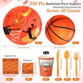 350 Pcs Sports Party Supplies Set Include 100 Paper Plates 50 Cups 50 Napkins 50 Forks 50 Plastic Spoons 50 Knives Serves 50 for Kids Party Birthday Decorations (Basketball)
