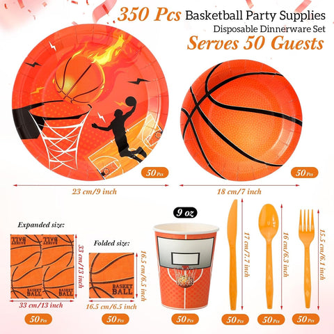 Image of 350 Pcs Sports Party Supplies Set Include 100 Paper Plates 50 Cups 50 Napkins 50 Forks 50 Plastic Spoons 50 Knives Serves 50 for Kids Party Birthday Decorations (Basketball)