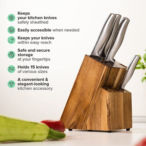 Image of Acacia Wood Kitchen Knife Block - Professional Quality Wood Knife Organizer - Convenient & Secure Knife Stand to save Space & Keep Knives Neat & Sharp - Knife Blocks for Kitchen Knife Storage