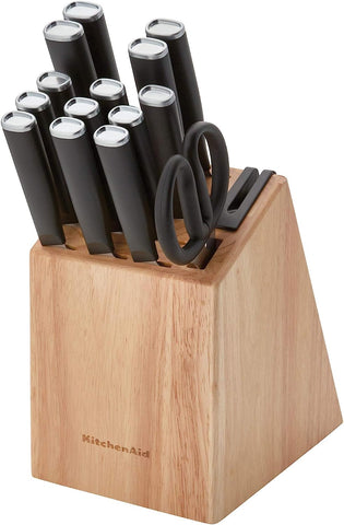 Image of Classic 15 Piece Knife Block Set with Built in Knife Sharpener, High Carbon Japanese Stainless Steel Kit & Gourmet 4-Sided Stainless Steel Box Grater with Detachable Storage