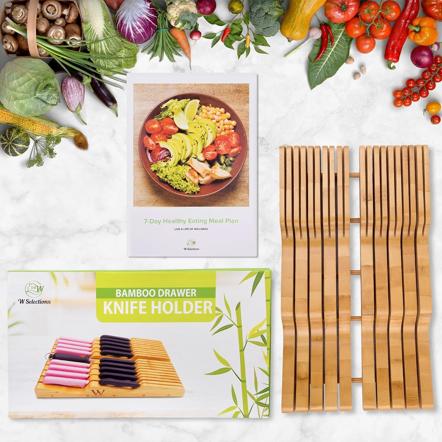 Bamboo Knife Drawer Organizer Insert - Kitchen Storage Holder for [18~26 Knives & 1~2 Honing Steel] Organization - Saves Countertop Space & Made of Premium Quality Moso Bamboo