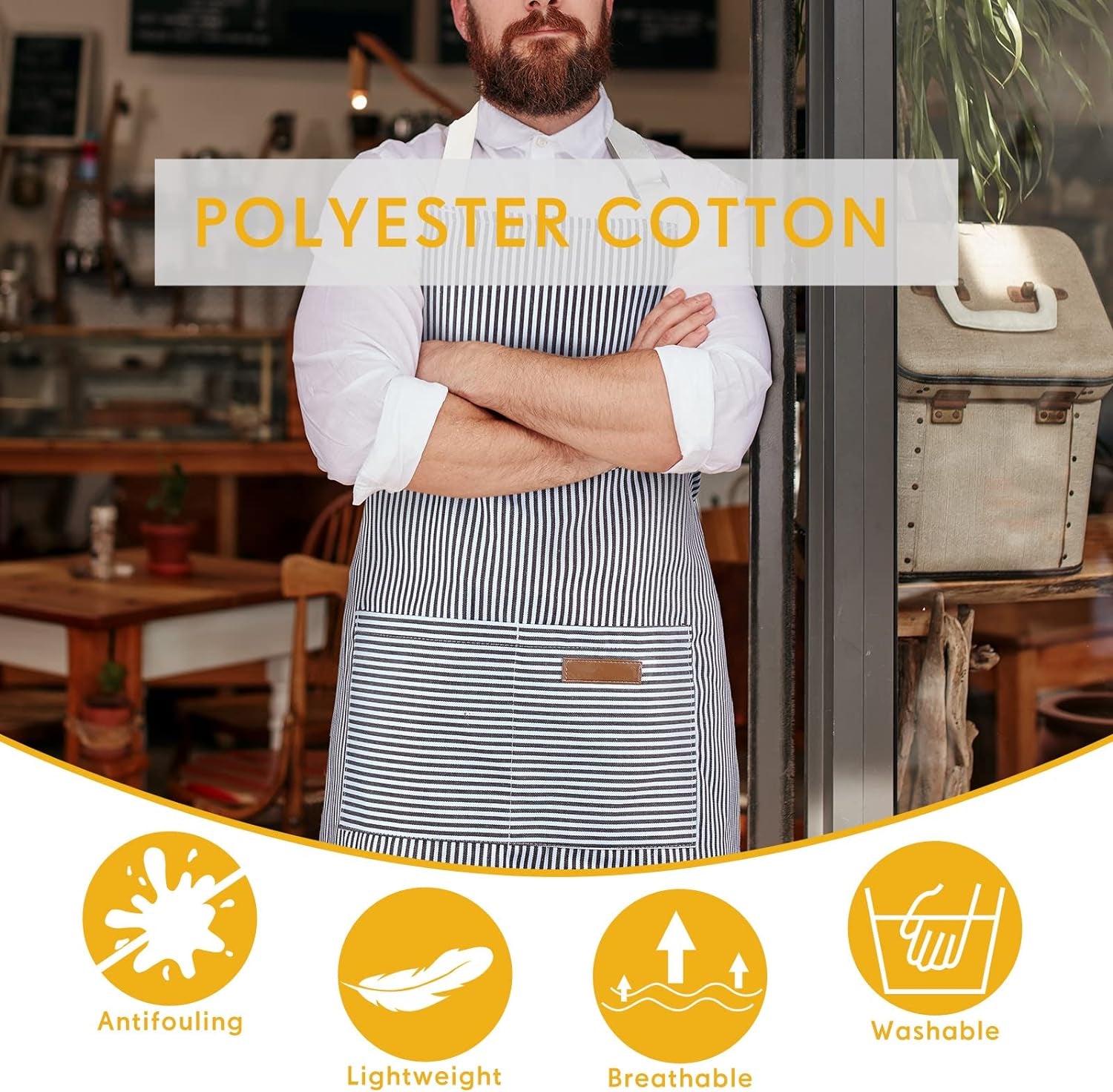 Cooking Apron with Pockets Waterproof Baking Apron Soft Chef Kitchen Aprons Cotton Polyester Blend Adjustable Bib Aprons for Women Men, Crafting BBQ, Black, Blue, Pink, Grey Stripes(4 Pcs)