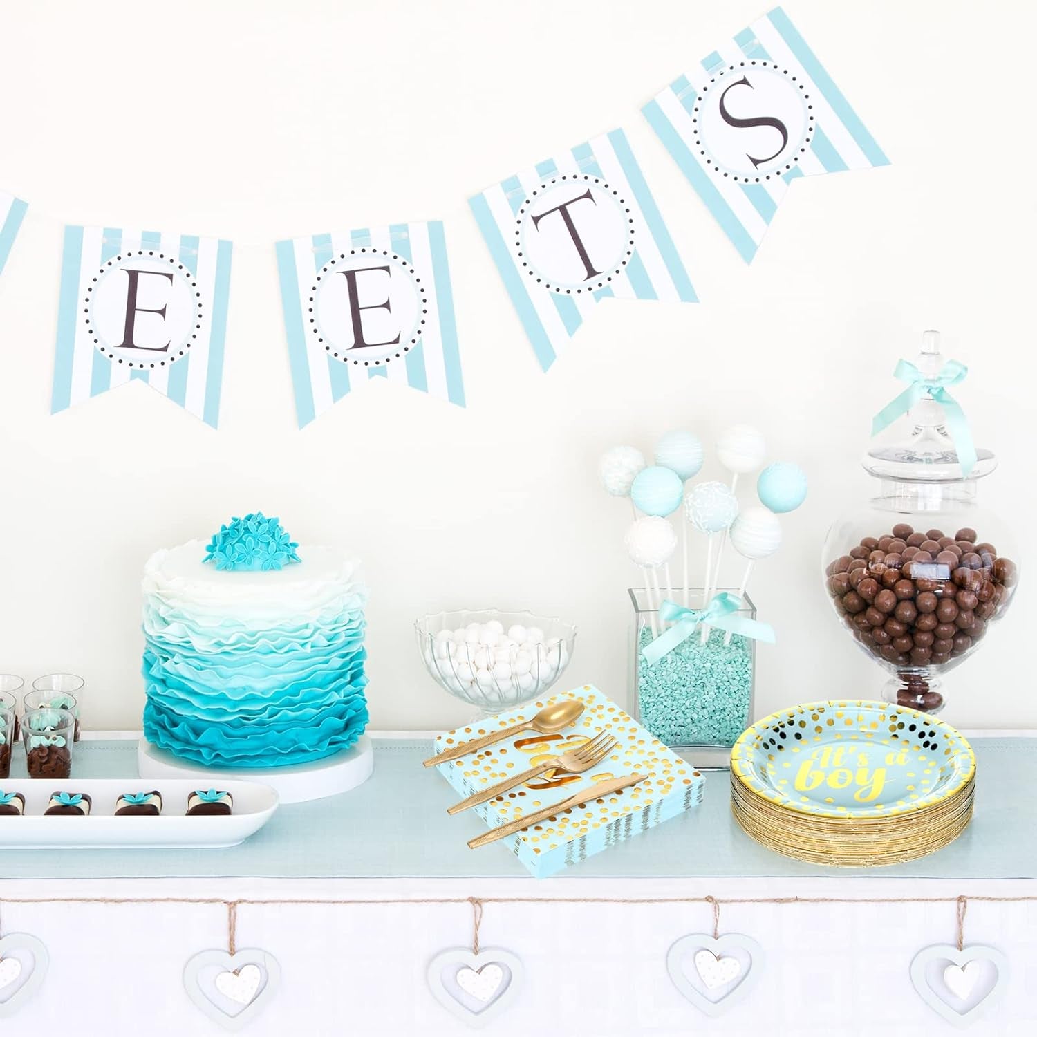 350 Pcs Baby Shower Party Supplies Golden Dot Blue Disposable Dinnerware Set for 50 Guests Boys Paper Plates Cups Napkins and Gold Plastic Forks Knives Spoons for Baby Boy Shower Party