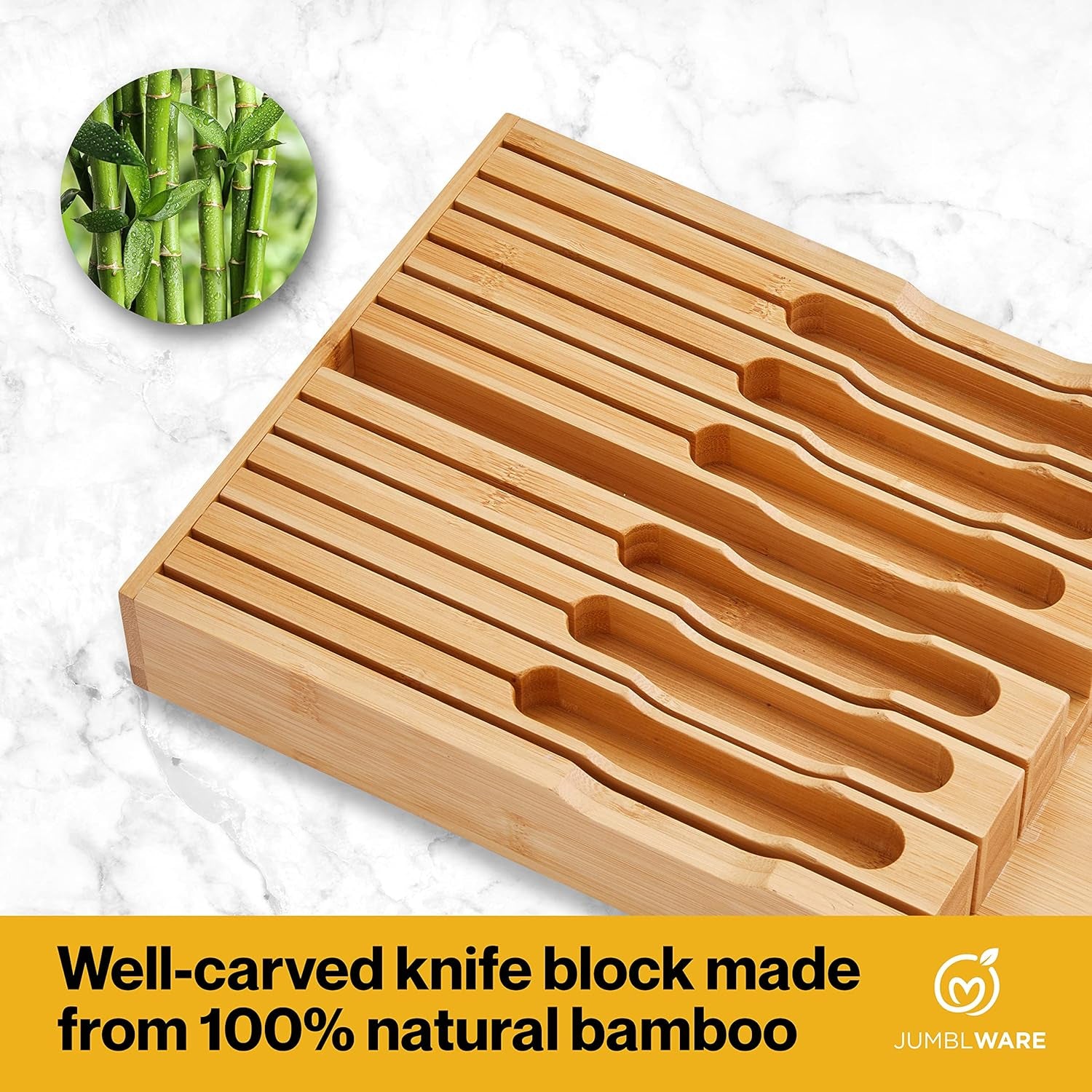 Bamboo In-Drawer Knife Block Wooden Organizer & Cutlery Holder Insert for inside Drawer, Cabinet or Counter Universal Dock Fits 16 Steak Knives & Sharpener Great Kitchen Gadget Gift