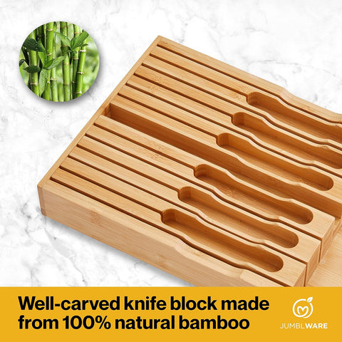 Image of Bamboo In-Drawer Knife Block Wooden Organizer & Cutlery Holder Insert for inside Drawer, Cabinet or Counter Universal Dock Fits 16 Steak Knives & Sharpener Great Kitchen Gadget Gift