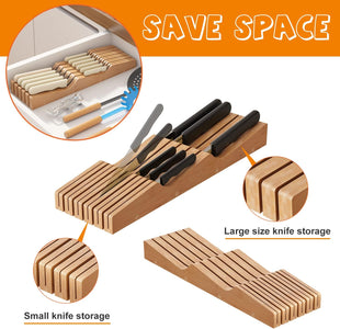 In-Drawer Knife Block Organizer - Bamboo Wood Drawer Knife Organizer-Protecting Knife Organizer Block Holds up to 11 Knives（Not Included）