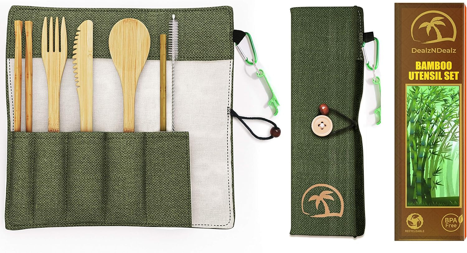 9-Piece Bamboo Utensil Set – Reusable Cutlery Travel Set – Portable Bamboo Flatware for Kids & Adults – Bamboo Fork, Knife, Spoon, Chopsticks – Comes in a Well-Designed Washable Case