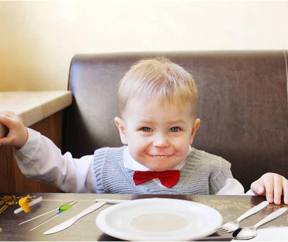 Toddler Flatware Kid Fork and Spoon Set, Baby Spoons Self Feeding Baby with Straws Traing Chopsticks Children (Silver)