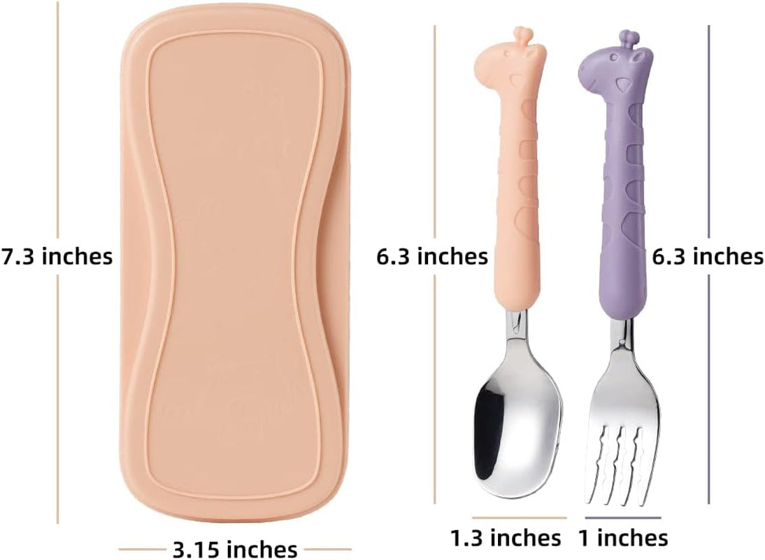 2 Cartoon Toddler Utensil Sets, Kid Spoon and Fork Set, Stainless Steel Toddler Safe Silverware Set for Children Self-Feeding with Travel Carrying Case BPA Free