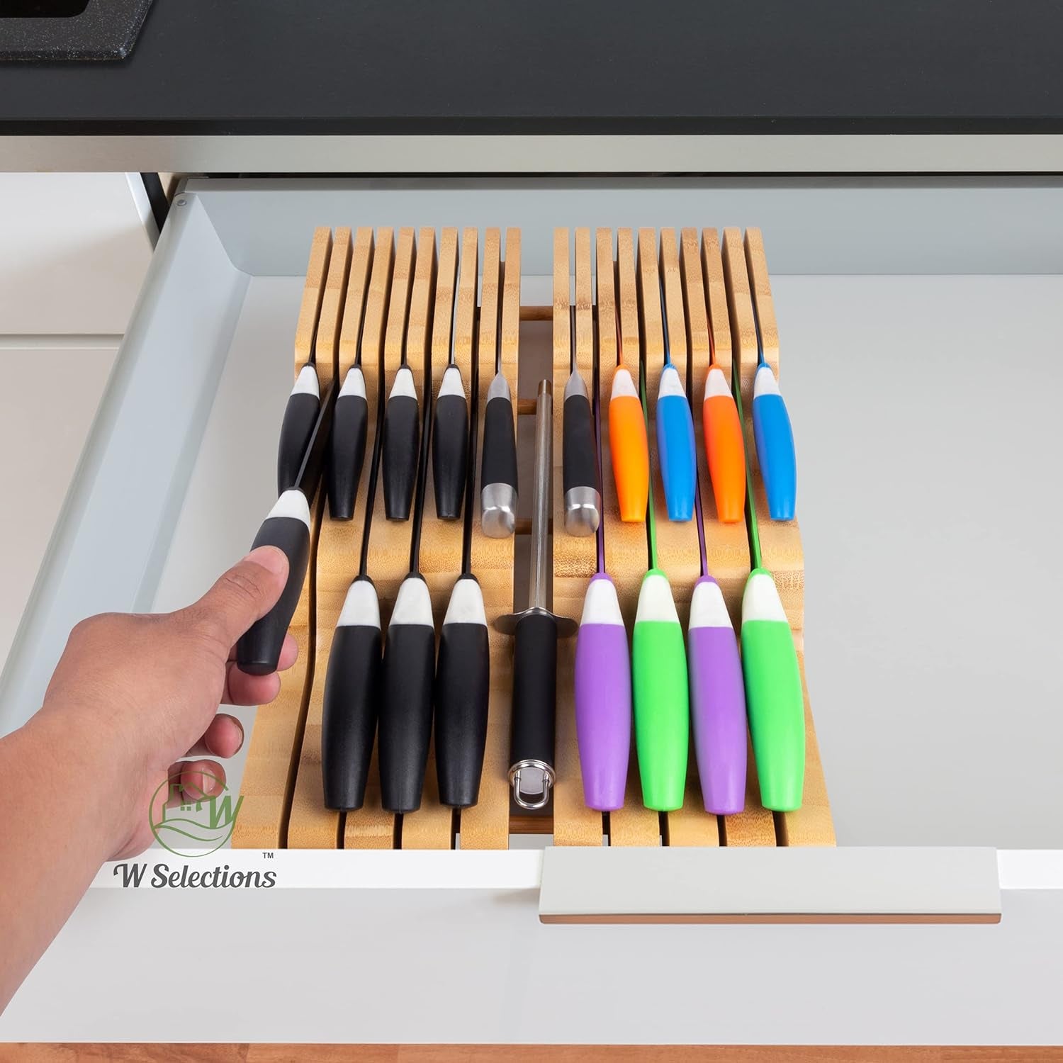 Bamboo Knife Drawer Organizer Insert - Kitchen Storage Holder for [18~26 Knives & 1~2 Honing Steel] Organization - Saves Countertop Space & Made of Premium Quality Moso Bamboo