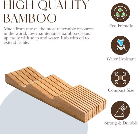 Image of 100% Pure Bamboo in Drawer Knife Block | Knife Drawer Organizer | Store Knives Safely with the Blades down | Storage Solution for Your Kitchen | Knife Organizer Drawer Insert