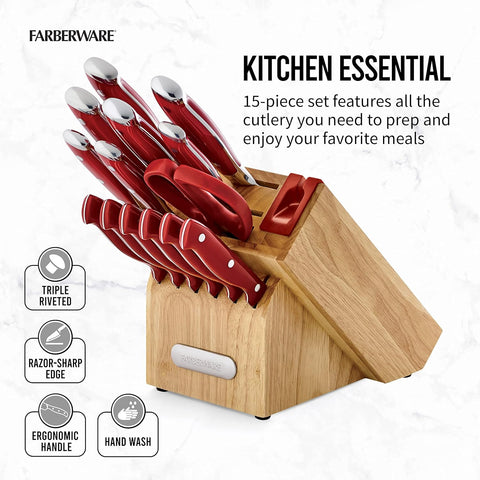 Image of Professional 15-Piece Forged Triple Riveted Knife Block Set with Built-In Edgekeeper Knife Sharpener, High-Carbon Stainless Steel Kitchen Knives, Razor-Sharp Knife Set, Red