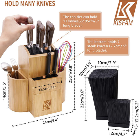 Image of Bamboo Universal Knife Block Two-Tiered Slot-Less Wooden Knife Stand, Knife Organizer & Holder - Convenient Safe Storage for Large & Small Knives & Utensils - Easy to Clean Removable Bristles