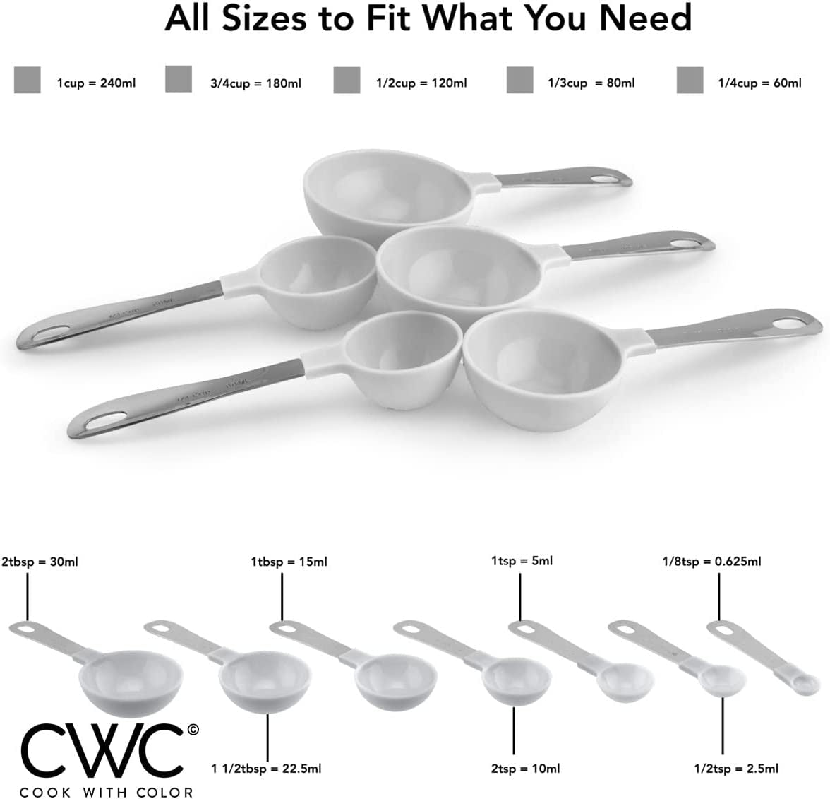 12 PC Measuring Cups Set and Measuring Spoon Set, Stainless Steel Handles, Nesting Kitchen Measuring Set, Liquid & Dry Measuring Cup Set (White)