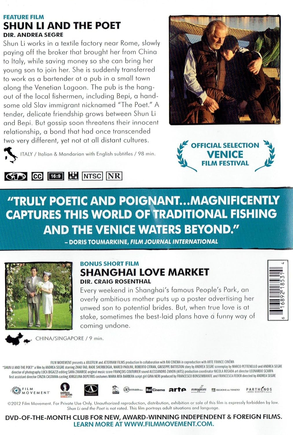 FILM MOVEMENT PRESENTS SHUN LI and the POET a FILM by ANDREA SEGRE with BONUS SHORT FILM SHANGHAI LOVE MARKET