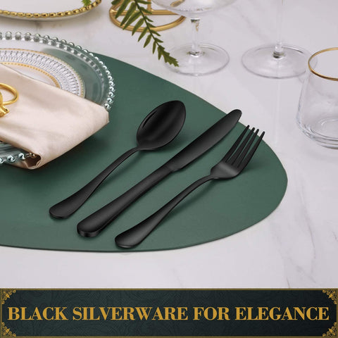 Image of 20-Piece Black Silverware Set with Tray, Stainless Steel Flatware Cutlery Set Service for 4, Kitchen Black Utensils Tableware Set for Home Restaurant, Mirror Finish, Dishwasher Safe