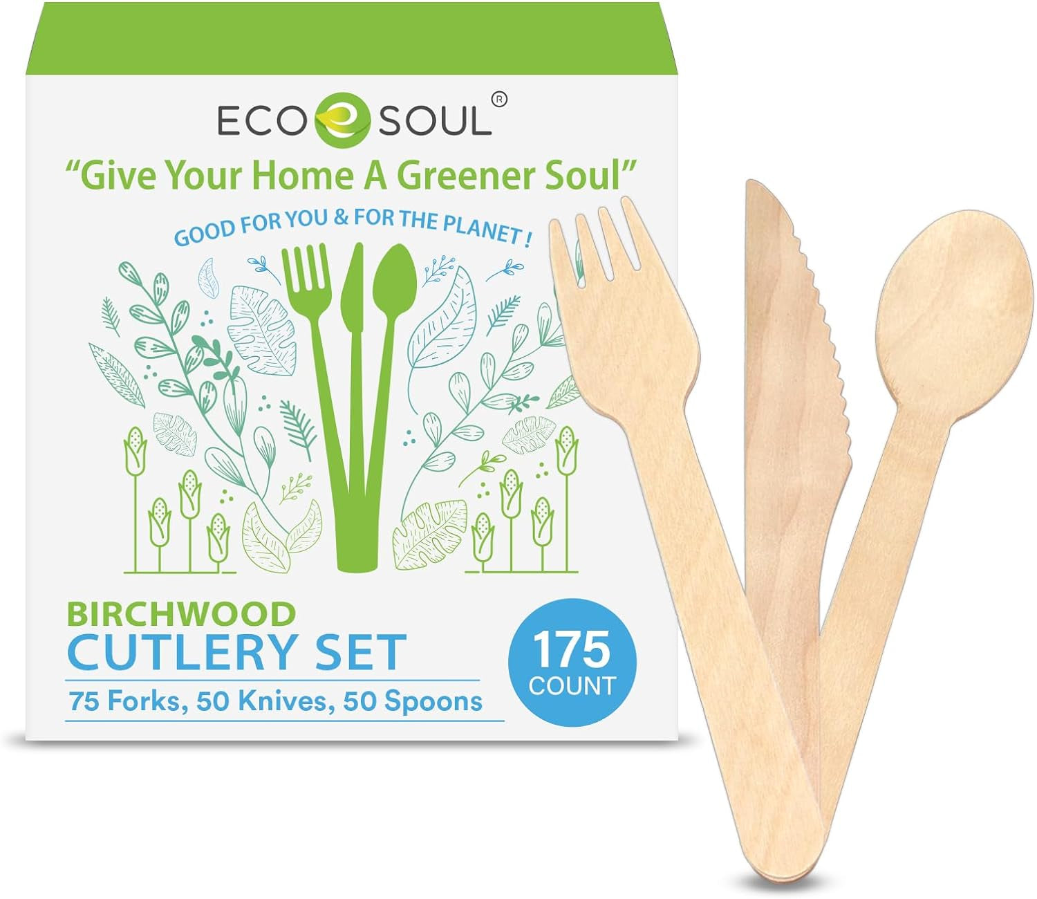 100% Compostable Cutlery [175-Pack] Disposable Wooden Cutlery Set I 100% Natural, Sturdy, Eco-Friendly, Utensils Set I Biodegradable (75 Fork,50 Spoon, 50 Knife)