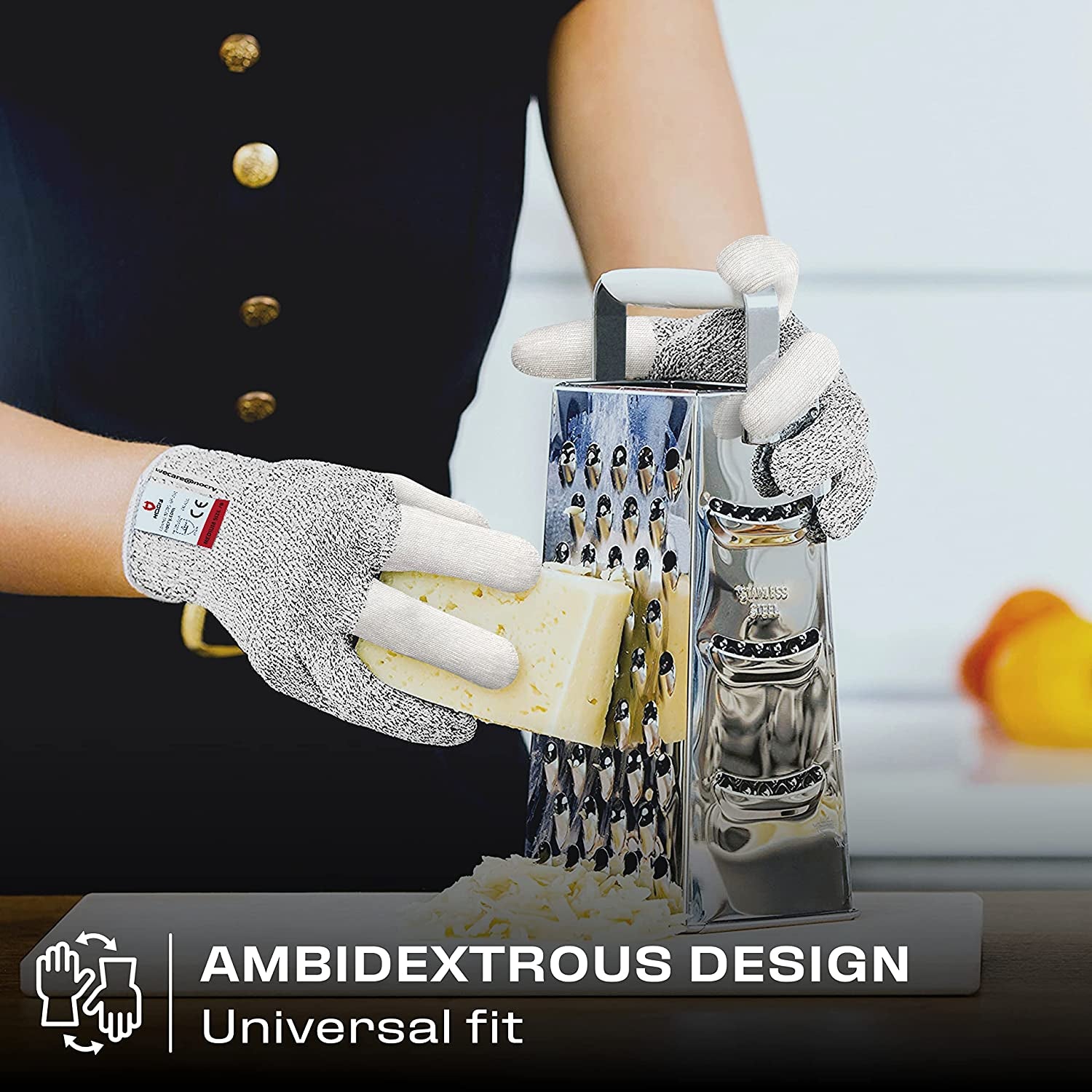 Cut Resistant Work Gloves for Women and Men, with Reinforced Fingers; Comfortable, 100% Food Grade Kitchen Cooking Gloves; Ambidextrous Safety Cutting Gloves; Level 5 Protection; Grey