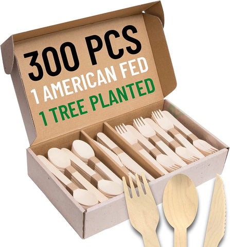 Image of 100% Compostable Wooden Cutlery Set - 300 Pieces (150 Forks | 100 Spoons | 50 Knives) Disposable Utensils for Party, Camping, & More - Biodegradable Packaged Silverware, Flatware Sets