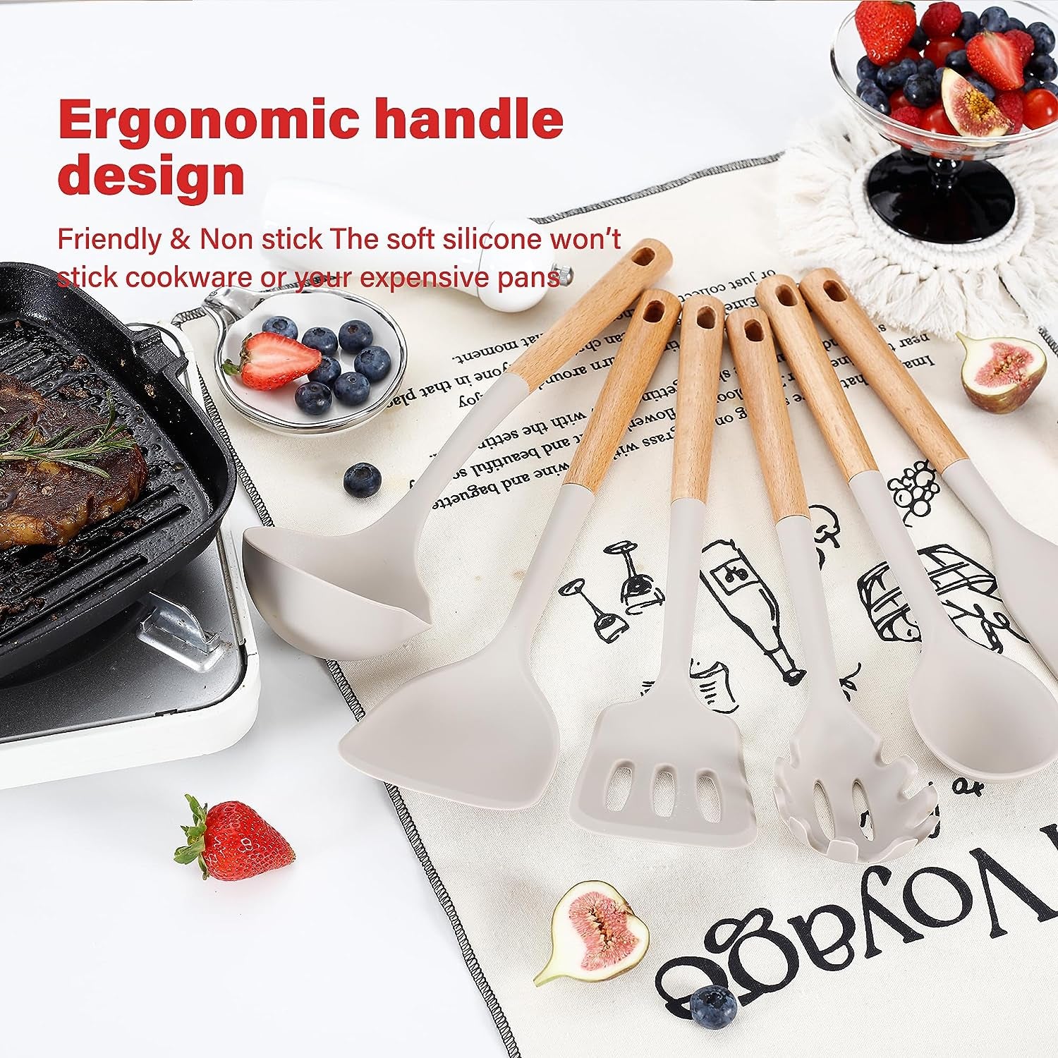 Kitchen Utensils Set, Large Non-Stick Silicone Cooking Utensils Set 6 Pcs, Wooden Handle Heat Resistance Silicone Spatula Soup Ladle Pasta Server Kitchen Gadgets Utensils Set BPA Free (Khaki)