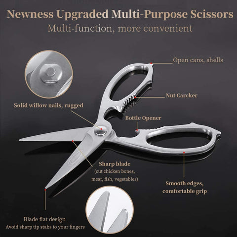 Image of Newness Multi-Purpose Kitchen Scissors, Premium Stainless Steel Solid Kitchen Shears for Can Opener, Walnut Cracker, Heavy Duty Poultry Scissors with Sharp Blade for Cutting Turkey, Chicken, Bones