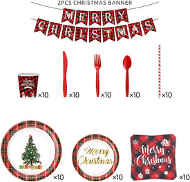 81 Pieces Christmas Party Supplies Tableware Set, Plaid Dinner Dessert Plates Paper Cups Napkins Banner Knives Forks Straws for Vintage Xmas Holiday Party Decorations