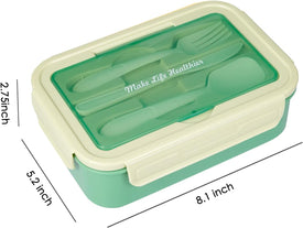 Bento Box for Kids and Adults, Lunch Box 37Oz Food Storage Container with Fork & Spoon, Knife, BPA Free, Microwave, Dishwasher Freezer Safe (Green)