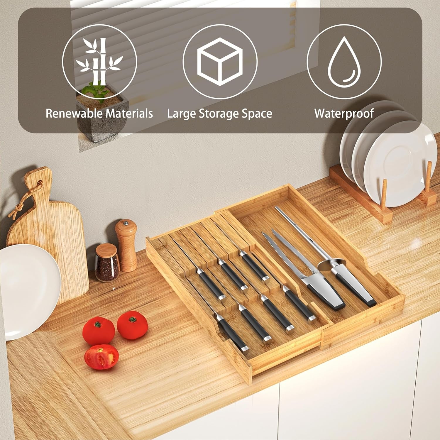 Bamboo Knife Organizer for Kitchen Drawer, Knife Block Holder Drawer Insert with Expandable Tray for Fork Spoon Scissor, Large Kitchen Knife Holder without Knives, Holds 7 Knives