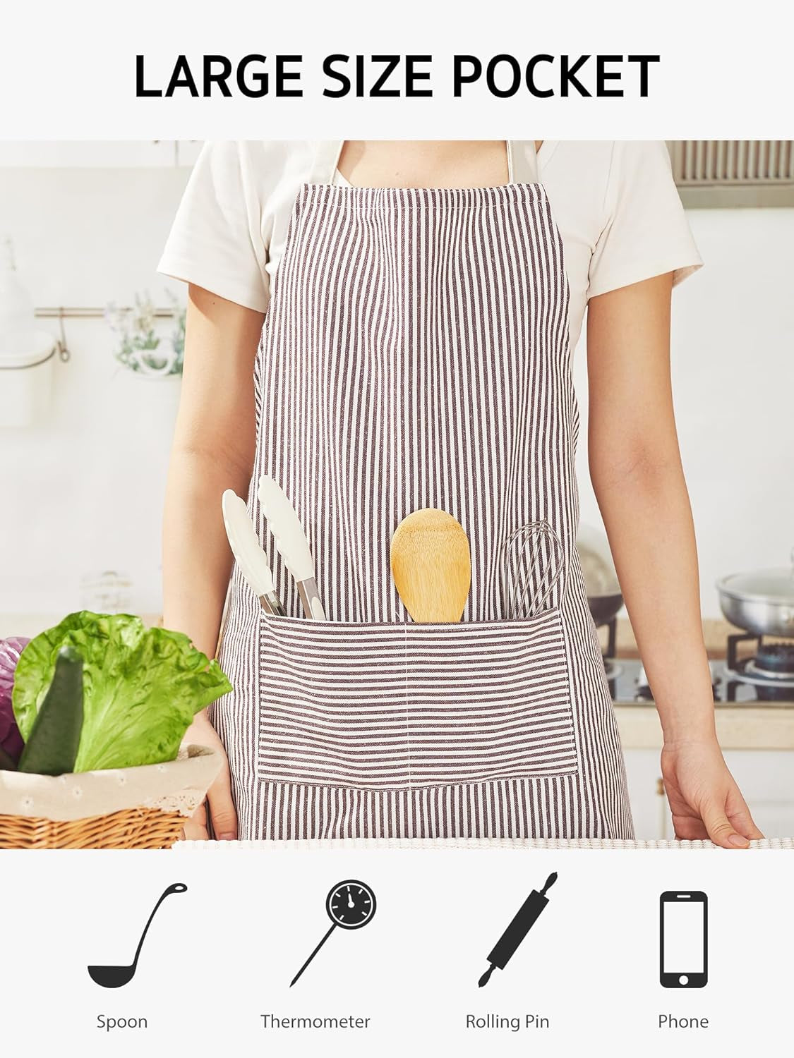 Kitchen Cooking Apron, 2 Pack Adjustable Bib Chef Aprons for Women Men with 2 Pockets, L-Black/Brown Stripes