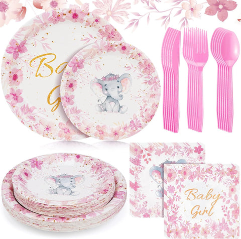 Image of 144 Pcs Elephant Theme Baby Shower Decorations for Boy Girl Party Tableware Set for 24 Guests, Include Paper Baby Shower Plates Napkins Cutlery Plastic Forks Spoons Knives (Pink,Girl)