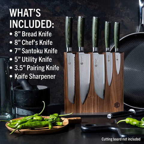 Image of 7 Piece Knife Set - 6 Piece Damascus Essential Knife Set & Magnetic Knife Block, Comes with Chef'S, Santoku, Bread, Utility and Pairing Knife and Walnut Knife Block