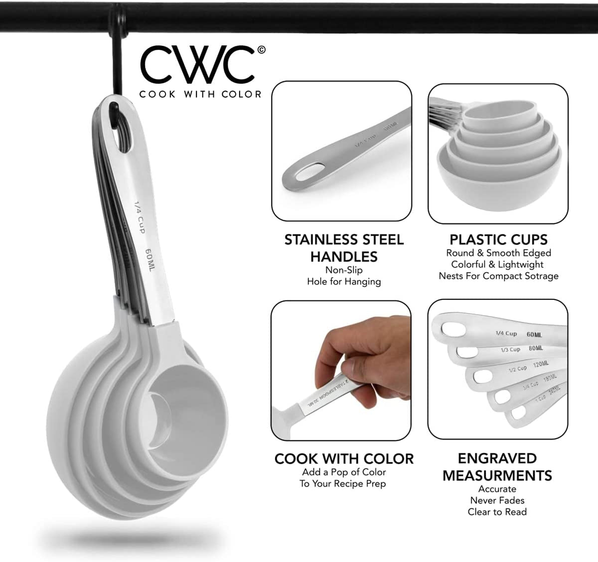 12 PC Measuring Cups Set and Measuring Spoon Set, Stainless Steel Handles, Nesting Kitchen Measuring Set, Liquid & Dry Measuring Cup Set (White)