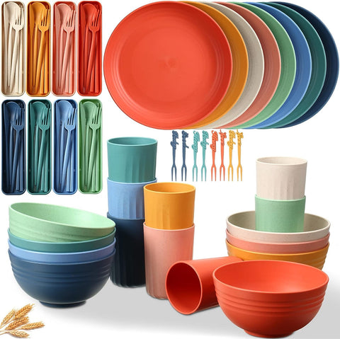 Image of 56 Pieces Wheat Straw Dinnerware Set Unbreakable Plastic Plate and Bowl Dishes for Kids Travel Picnic Camping Dishes Colorful Dinner Plates Dishwasher Microwave Safe Reusable Lightweight Tableware