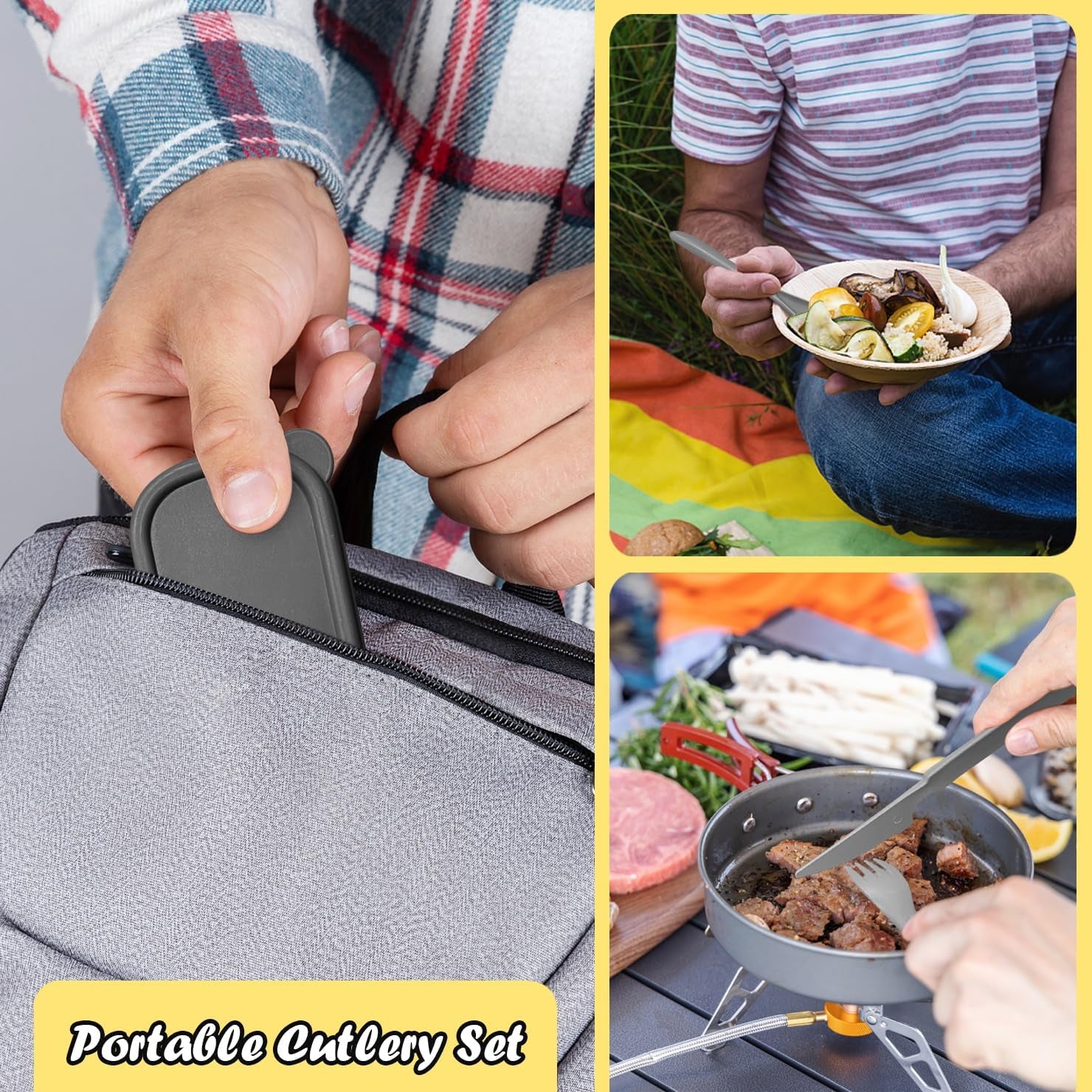 Reusable Portable Travel Utensils Set, Service for 4, Forks Spoons Knives for Camping Wheat Straw Plastic Flatware with Storage Case (Gray Ombre)