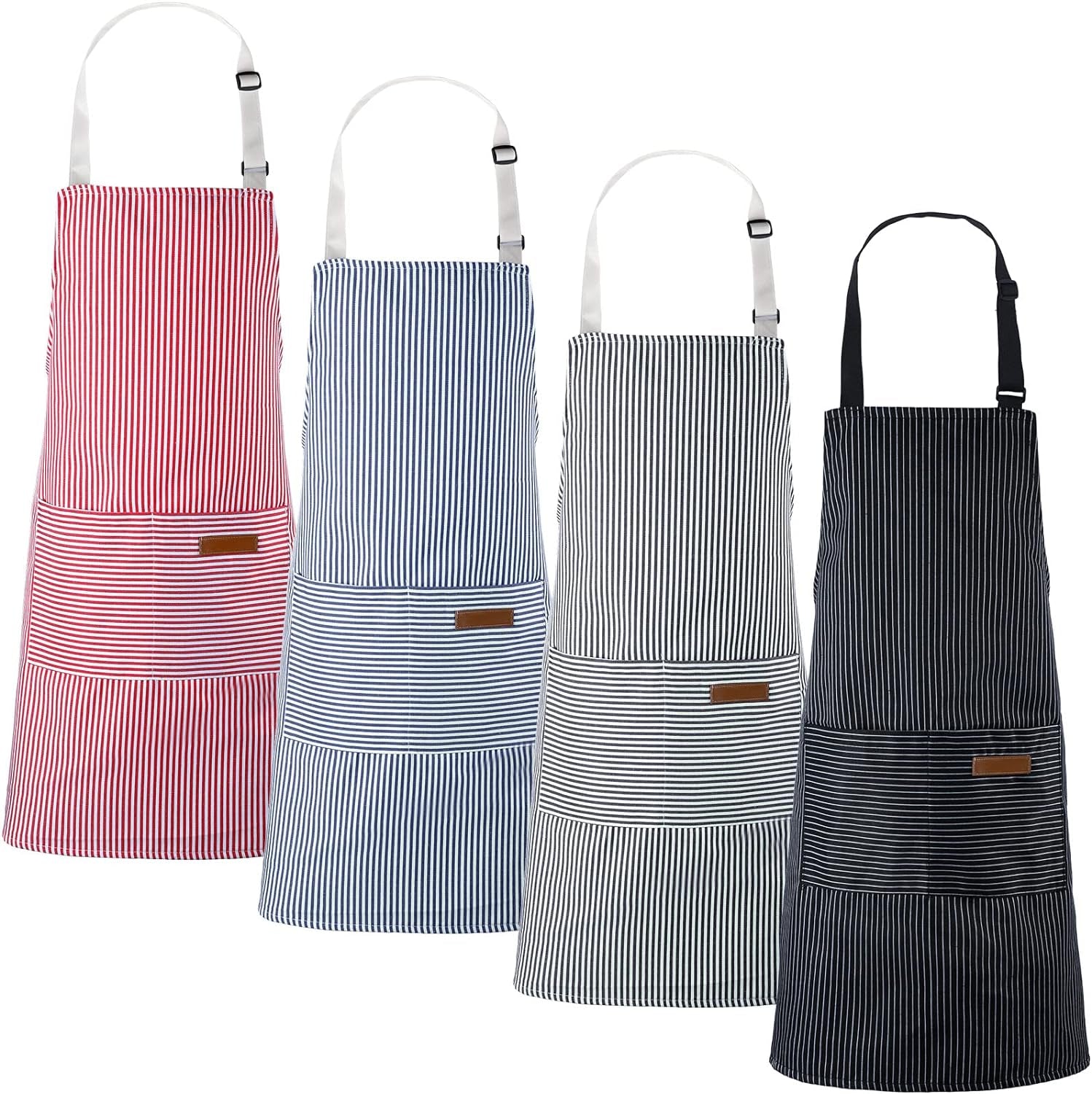 Cooking Apron with Pockets Waterproof Baking Apron Soft Chef Kitchen Aprons Cotton Polyester Blend Adjustable Bib Aprons for Women Men, Crafting BBQ, Black, Blue, Pink, Grey Stripes(4 Pcs)
