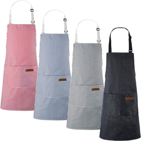 Cooking Apron with Pockets Waterproof Baking Apron Soft Chef Kitchen Aprons Cotton Polyester Blend Adjustable Bib Aprons for Women Men, Crafting BBQ, Black, Blue, Pink, Grey Stripes(4 Pcs)
