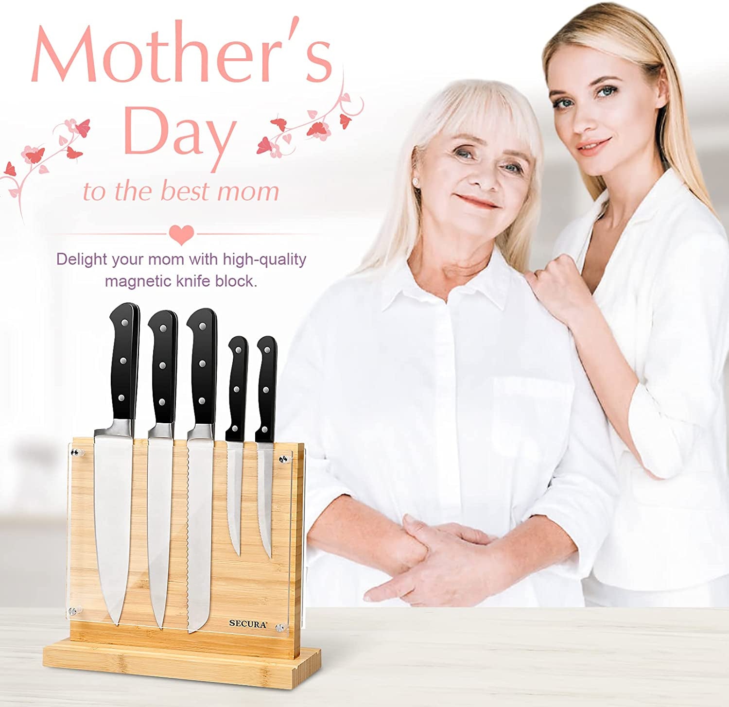 Magnetic Knife Block Double Side Knife Holder Bamboo Knife Stand for Kitchen Cutlery Display Rack and Organizer with Acrylic Shield Double Side Storage Strongly Magnetic without Knives,10 Inch