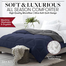 Beckham Hotel Collection Goose down Alternative Reversible - All Season - Premium Quality Luxury Comforter - Full/Queen - Navy/Sleet