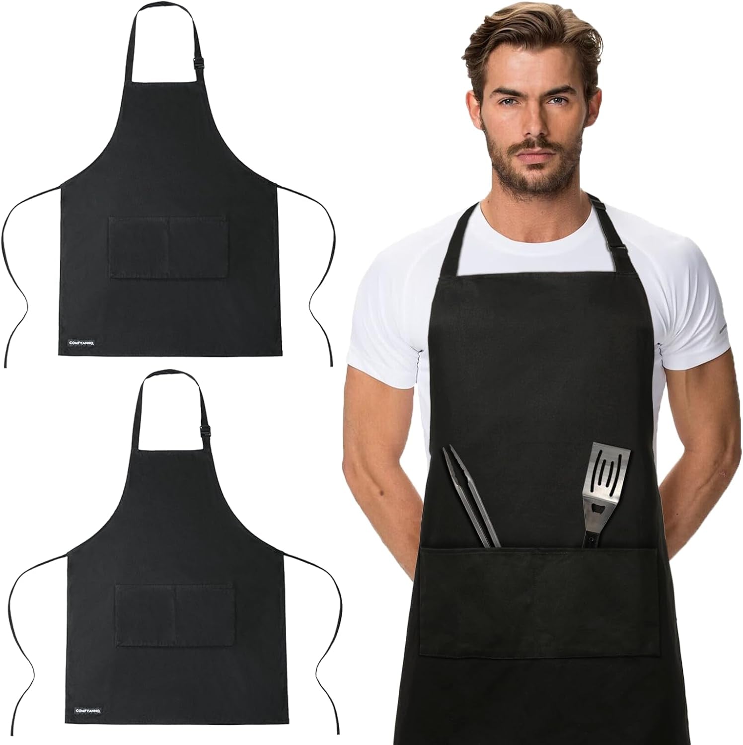 Aprons for Men, 2 Pack 100% Cotton Mens Apron, Black Chef Kitchen Cooking Apron, Men Grilling BBQ Apron with 2 Pockets, Waterproof Man Apron for Gardening, Baking