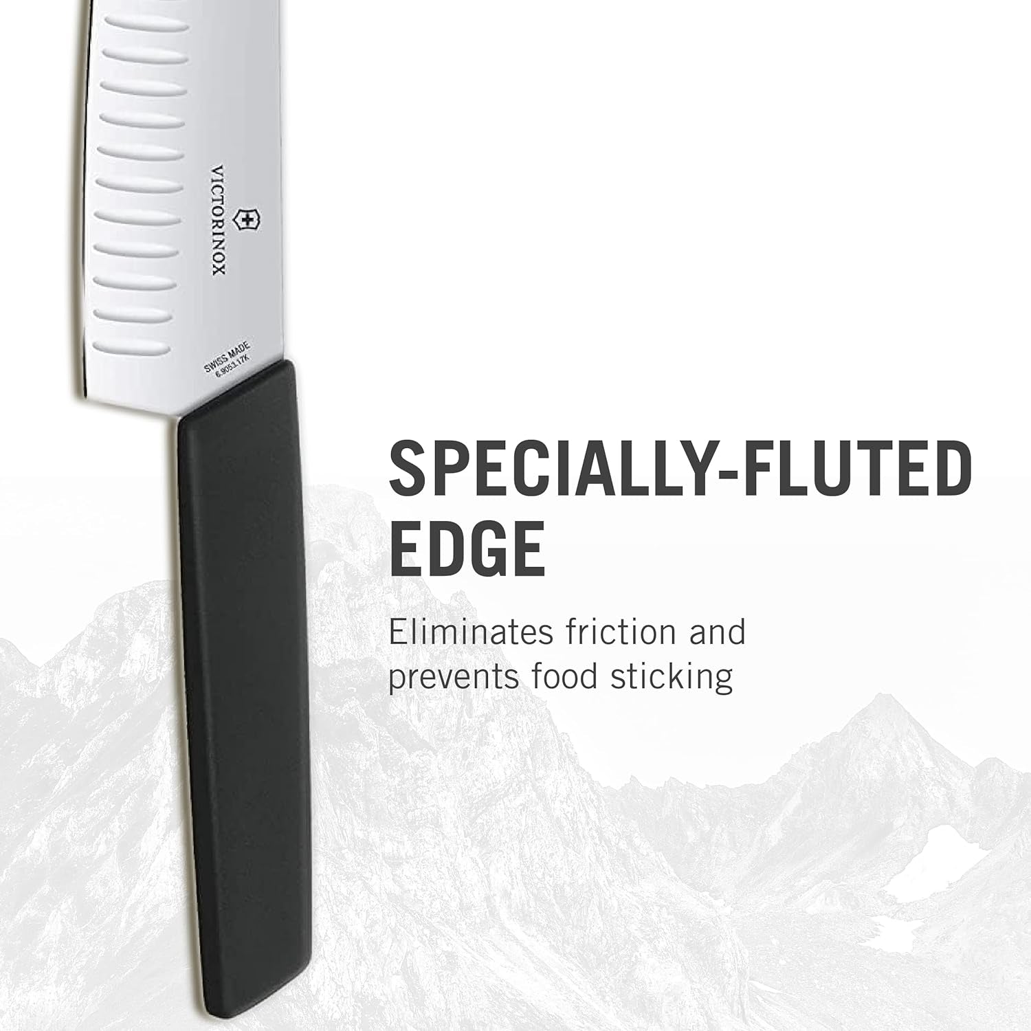 6.9053.17KB Swiss Modern Santoku Knife for General-Purpose Slicing, Dicing, Mincing, and Everything in between Fluted Edge Blade in Black, 6.7 Inches