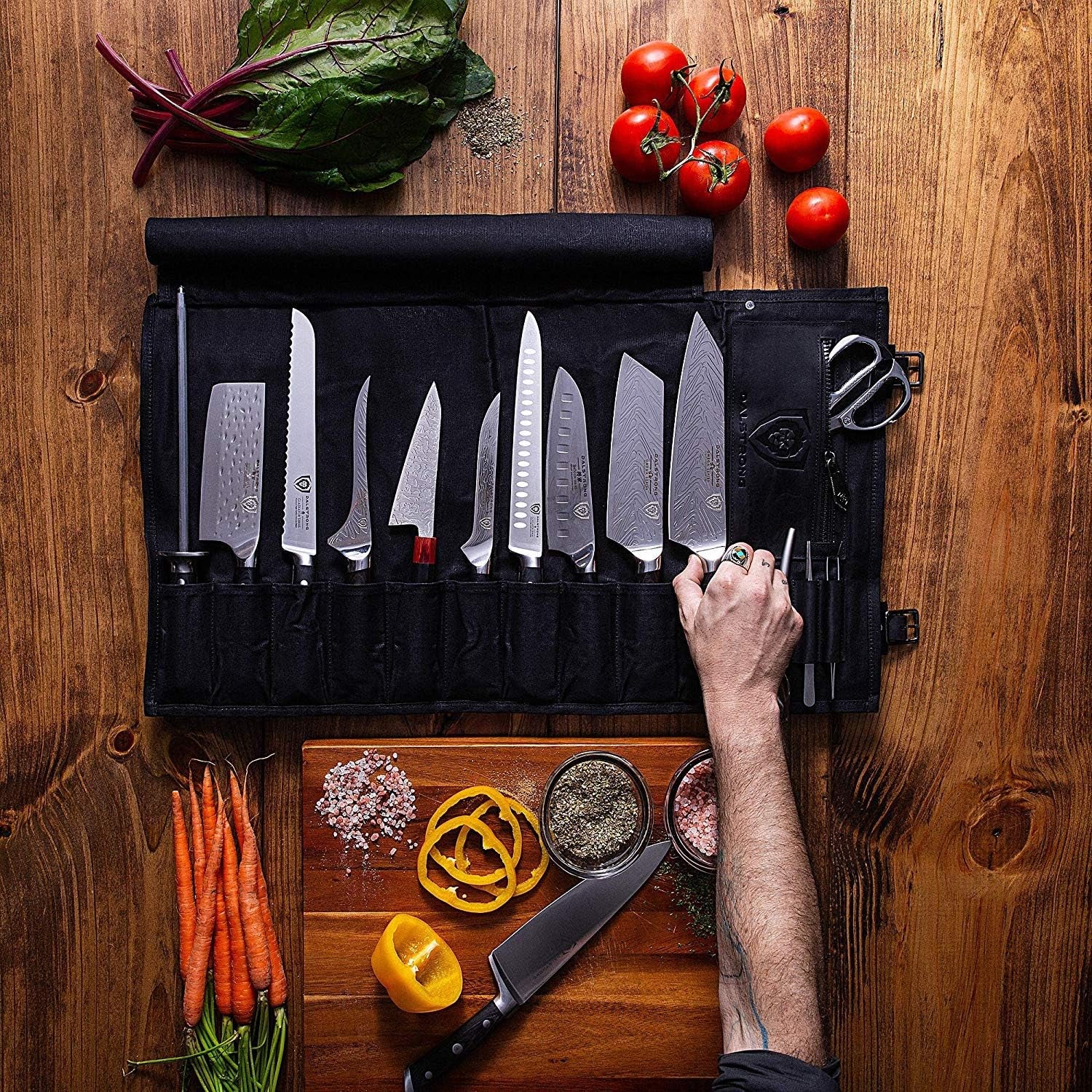 Carrier Bag Case, Nomad Knife Roll - 12Oz Heavy Duty Canvas & Top Grain Leather Roll Bag - 13 Slots - Interior and Rear Zippered Pockets - Blade Travel Storage/Case - Nightmaster (Black)