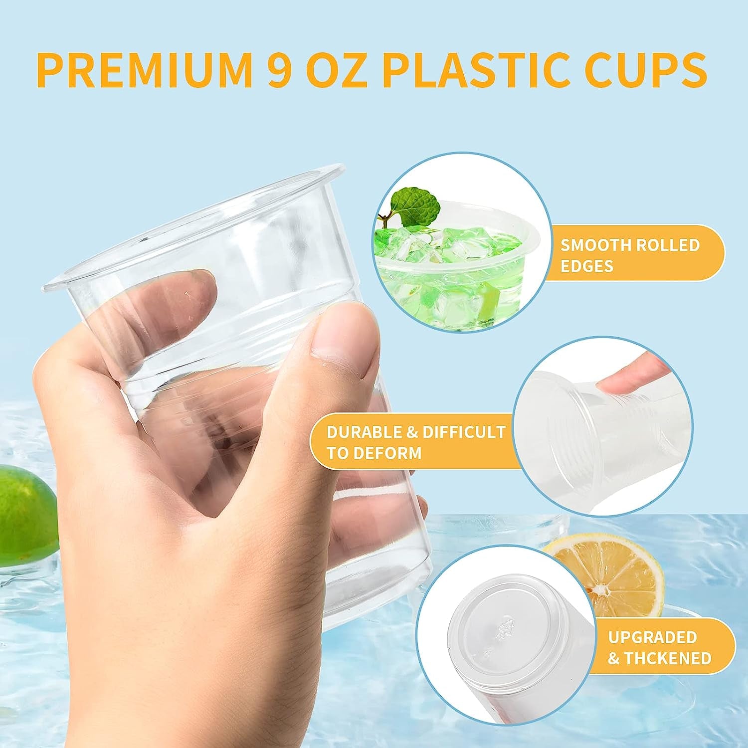Plastic Cups 9 Oz - 500 Pack, Disposable Clear Plastic Cups, Cold Party Drinking Cups, Transparent Plastic Cups Bulk for Ice Cream, Disposable Cups for Wedding,Christmas Party