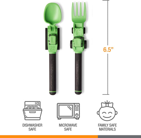 Image of Utensil Set for Kids – Construction Themed Toddler Forks and Spoons, Toddler Utensils – 2-Piece Set – Green Construction Utensils for Toddlers - Loader & Tractor Toddler Spoons and Forks