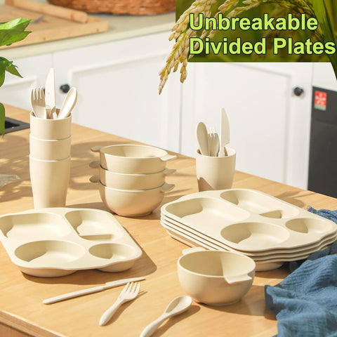 Image of 24 Pcs Wheat Straw Dinnerware Cutlery Set Including Kids Toddlers Divided Plates Microwave Dishwasher Safe Bowl Unbreakable Tableware Straw Cutlery Spoon Knife Fork Cup (Beige)